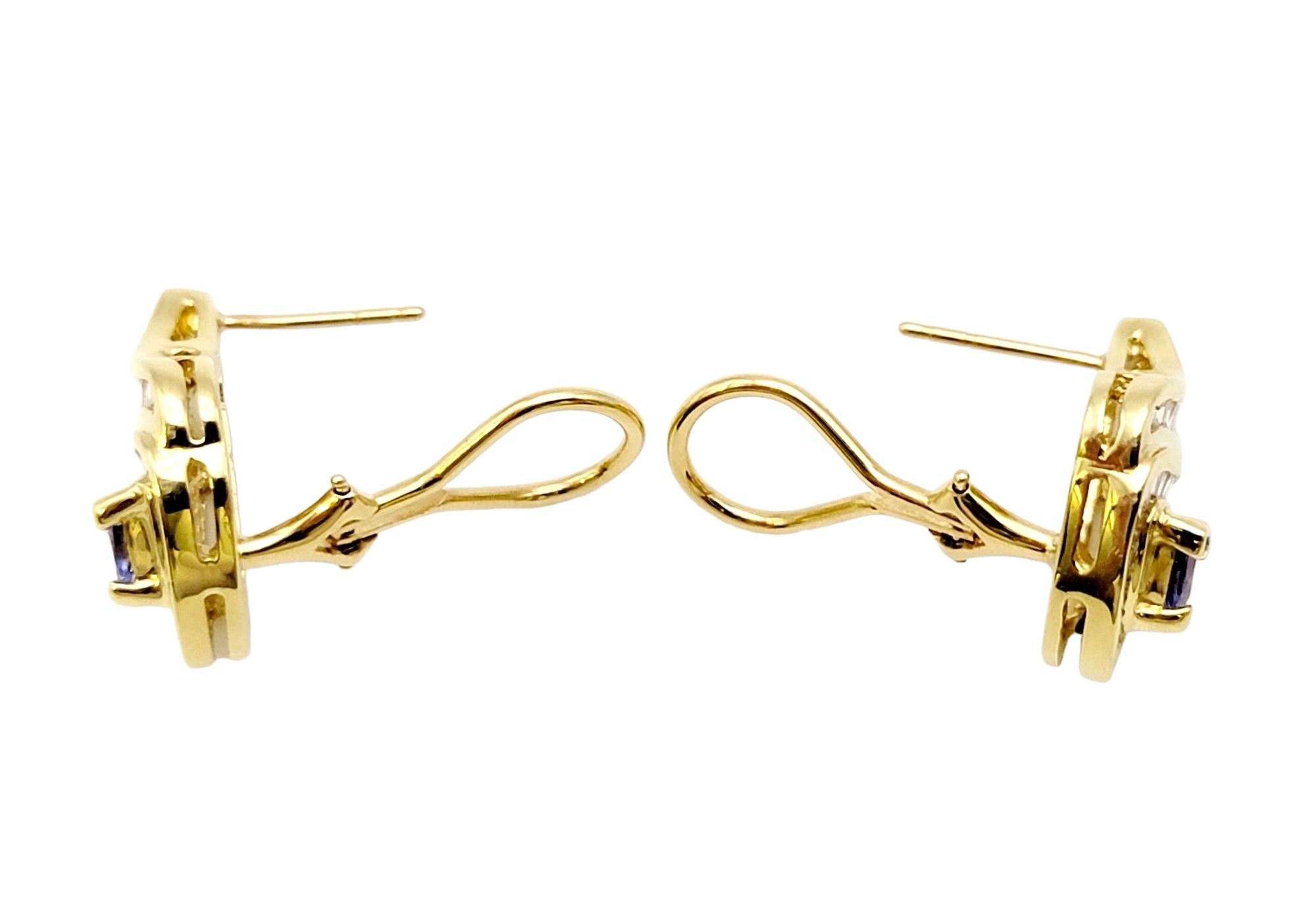 Women's Trillion Cut Tanzanite and Baguette Diamond Teardrop Earings in Yellow Gold For Sale