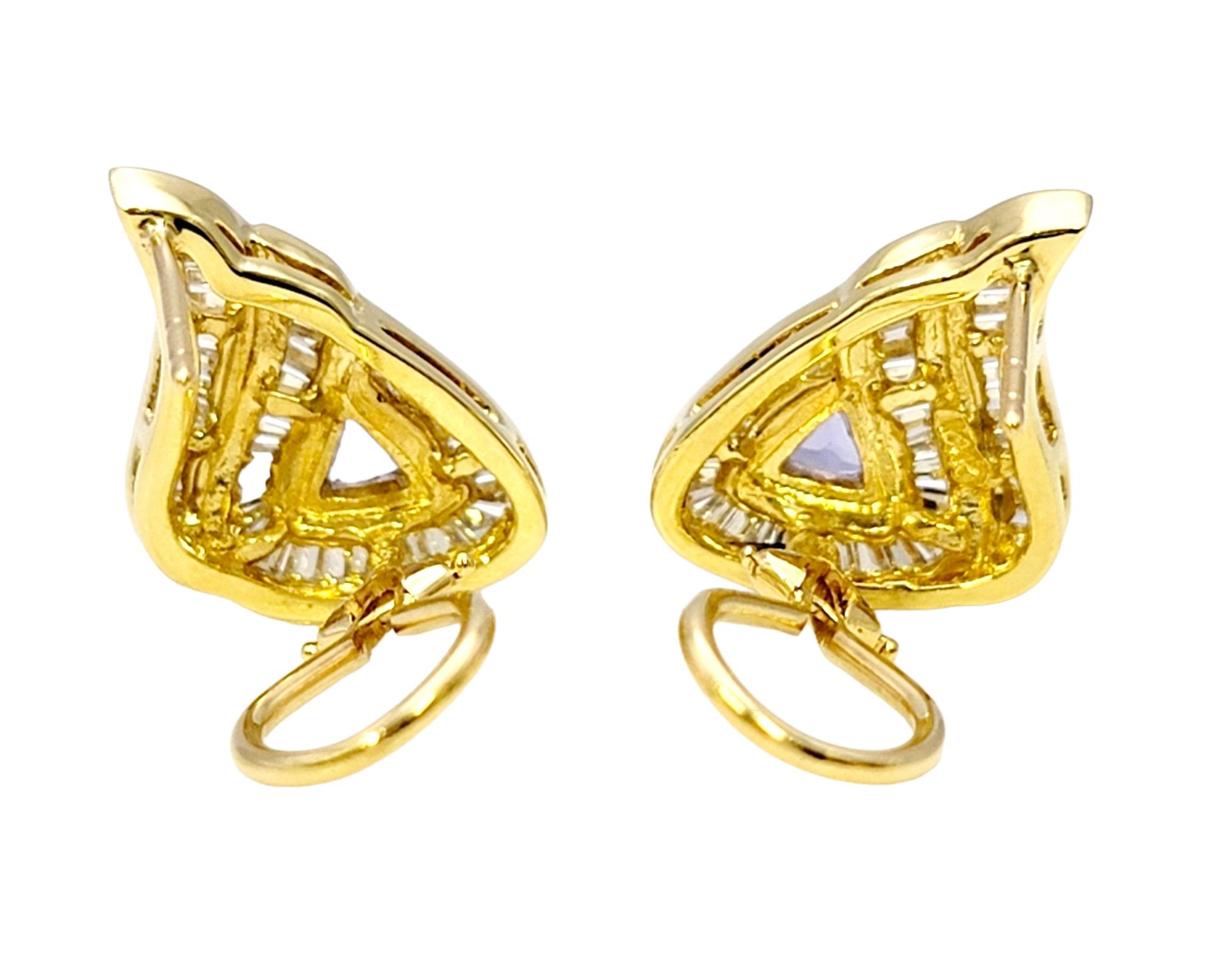 Trillion Cut Tanzanite and Baguette Diamond Teardrop Earings in Yellow Gold  For Sale 3