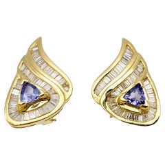 Trillion Cut Tanzanite and Baguette Diamond Teardrop Earings in Yellow Gold
