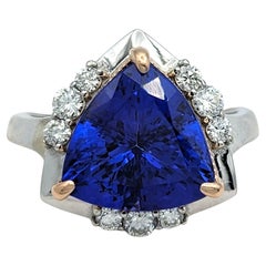 Trillion Cut Tanzanite and Diamond Cocktail Ring in 14 Karat White and Rose Gold