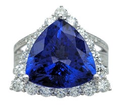 Trillion Cut Tanzanite and Diamond Split Shank Cocktail Ring 14 Karat White Gold