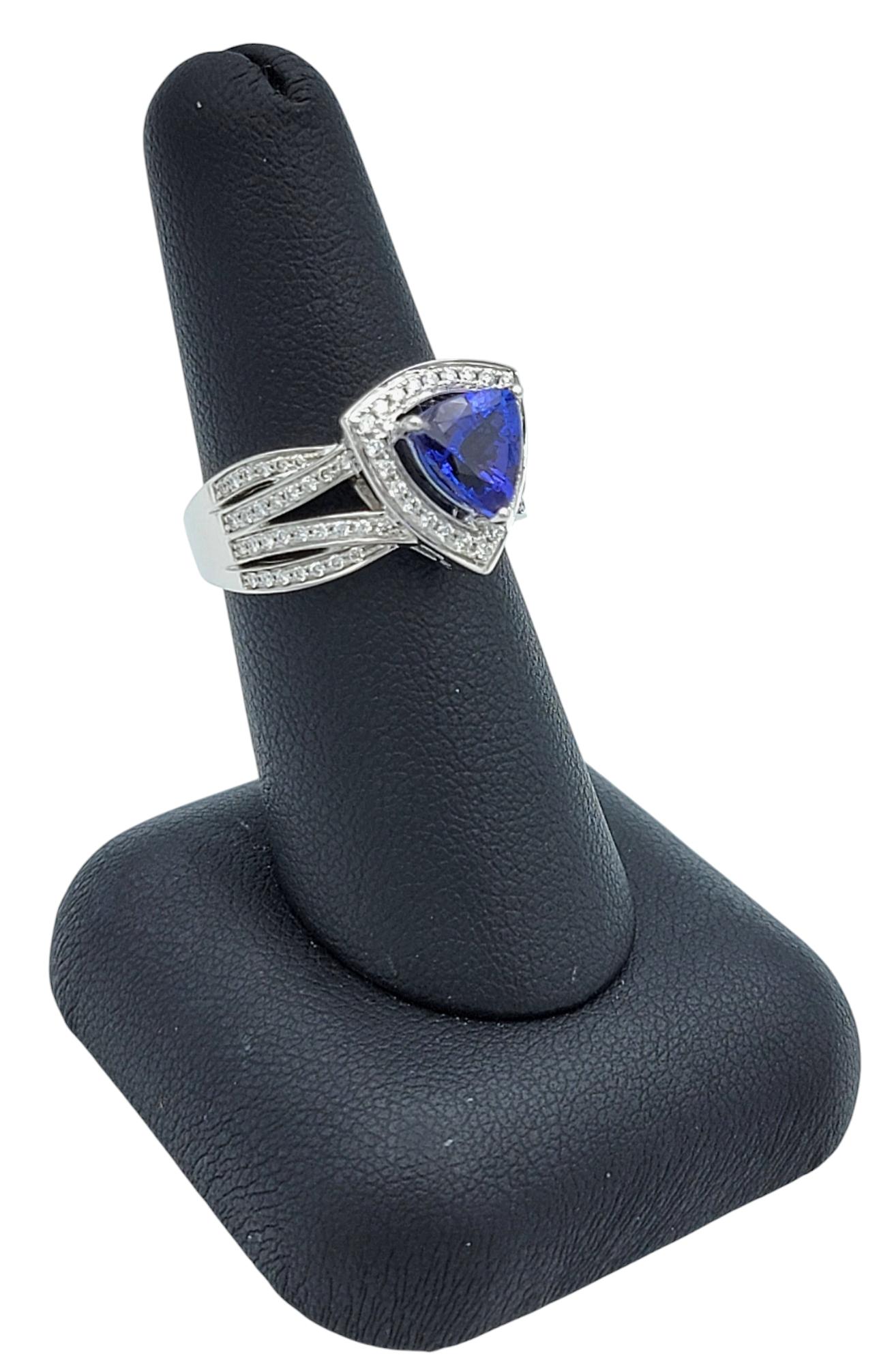 Trillion Cut Tanzanite and Multi-Row Pavé Diamond Band Ring 18 Karat White Gold For Sale 5