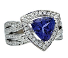 Trillion Cut Tanzanite and Multi-Row Pavé Diamond Band Ring 18 Karat White Gold