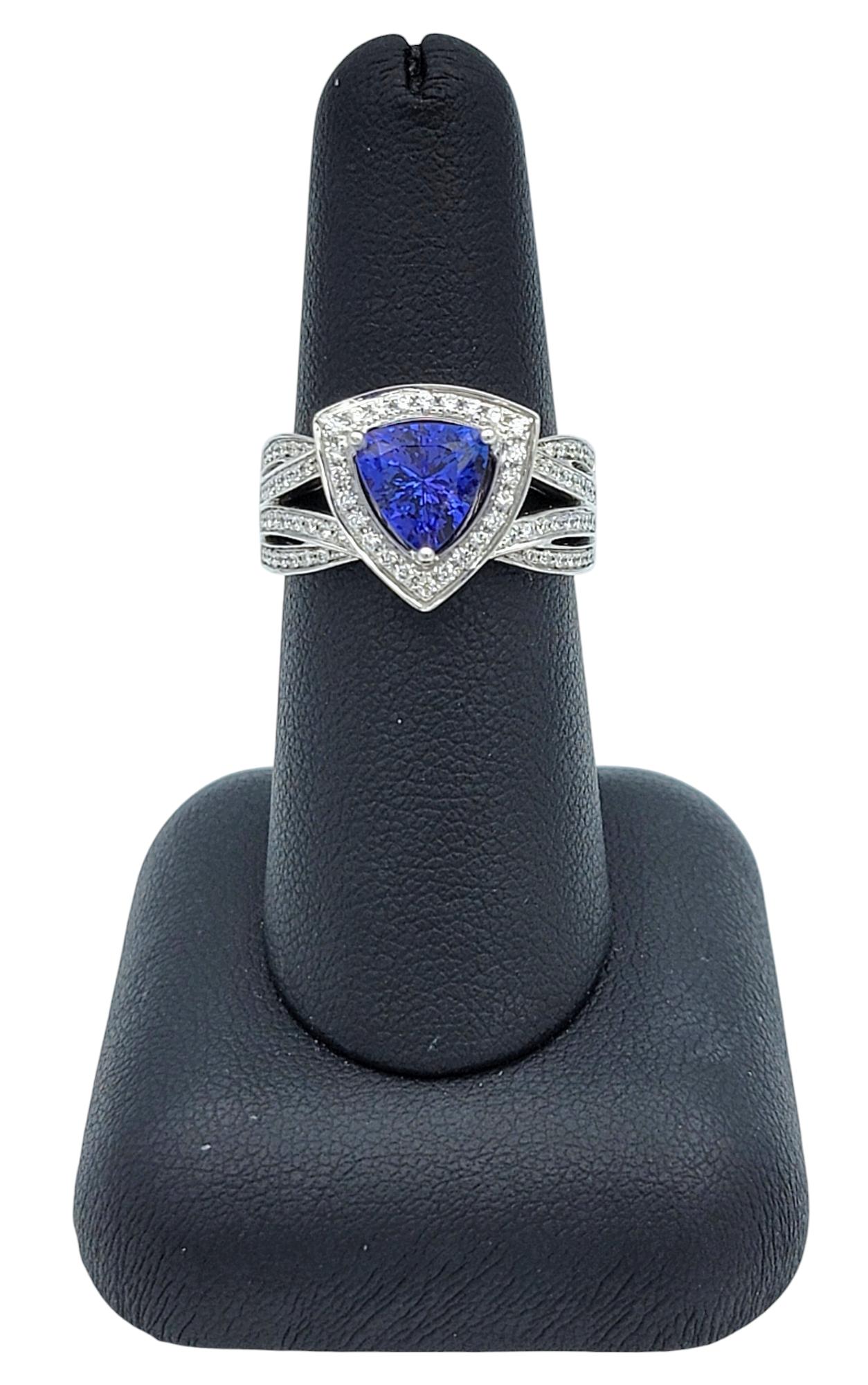 Trillion Cut Tanzanite and Multi-Row Pavé Diamond Band Ring 18 Karat White Gold For Sale 4