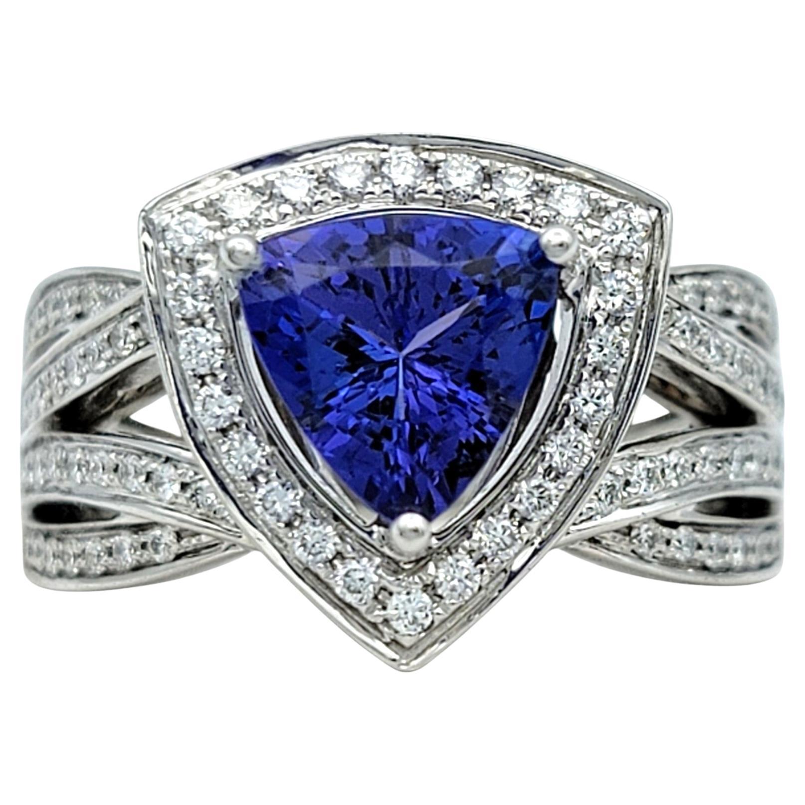 Trillion Cut Tanzanite and Multi-Row Pavé Diamond Band Ring 18 Karat White Gold For Sale