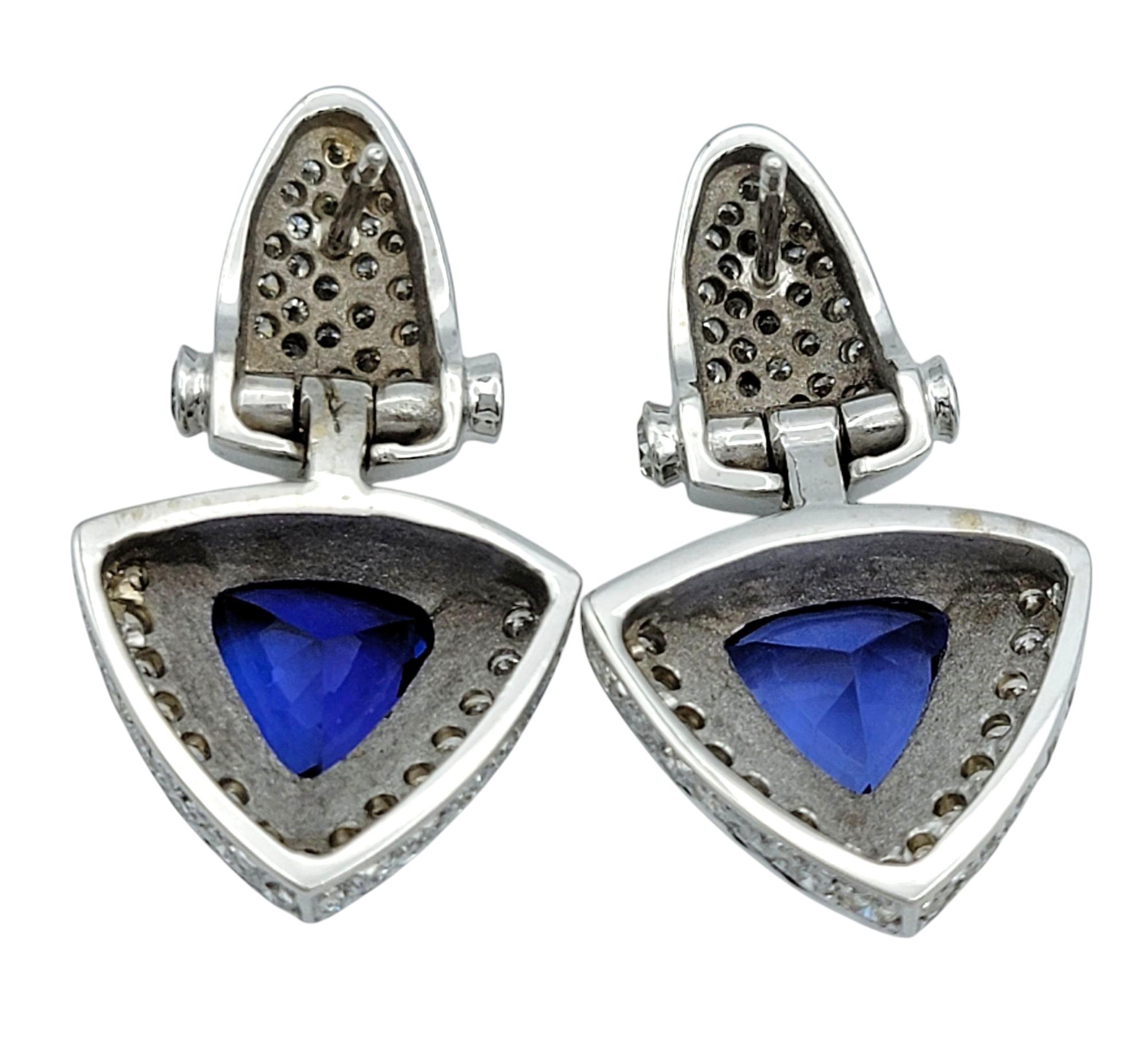 Trillion Cut Tanzanite and Pavé Diamond Drop Earrings in 18 Karat White Gold In Good Condition For Sale In Scottsdale, AZ