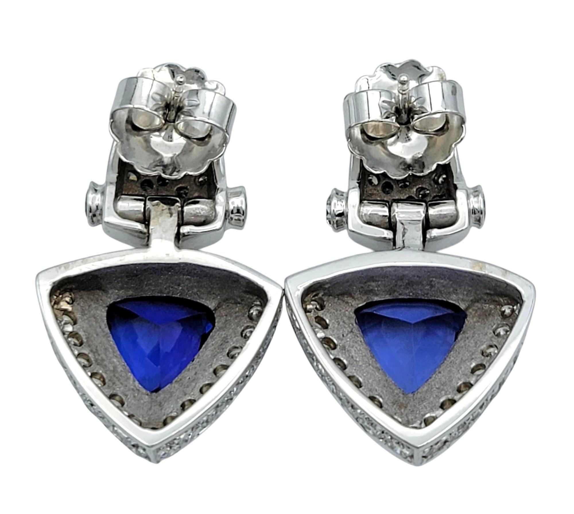 Women's Trillion Cut Tanzanite and Pavé Diamond Drop Earrings in 18 Karat White Gold For Sale