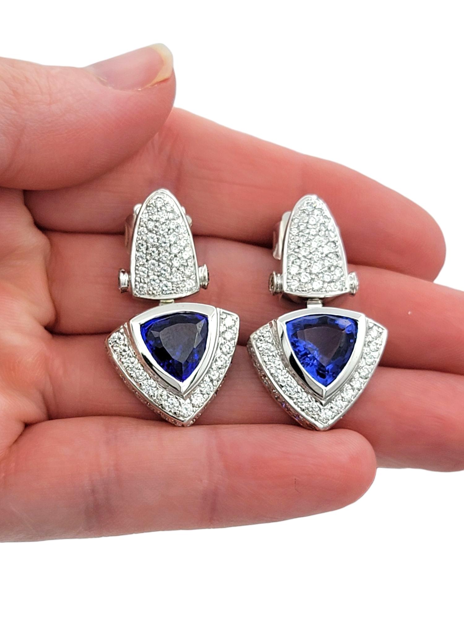 Trillion Cut Tanzanite and Pavé Diamond Drop Earrings in 18 Karat White Gold For Sale 1