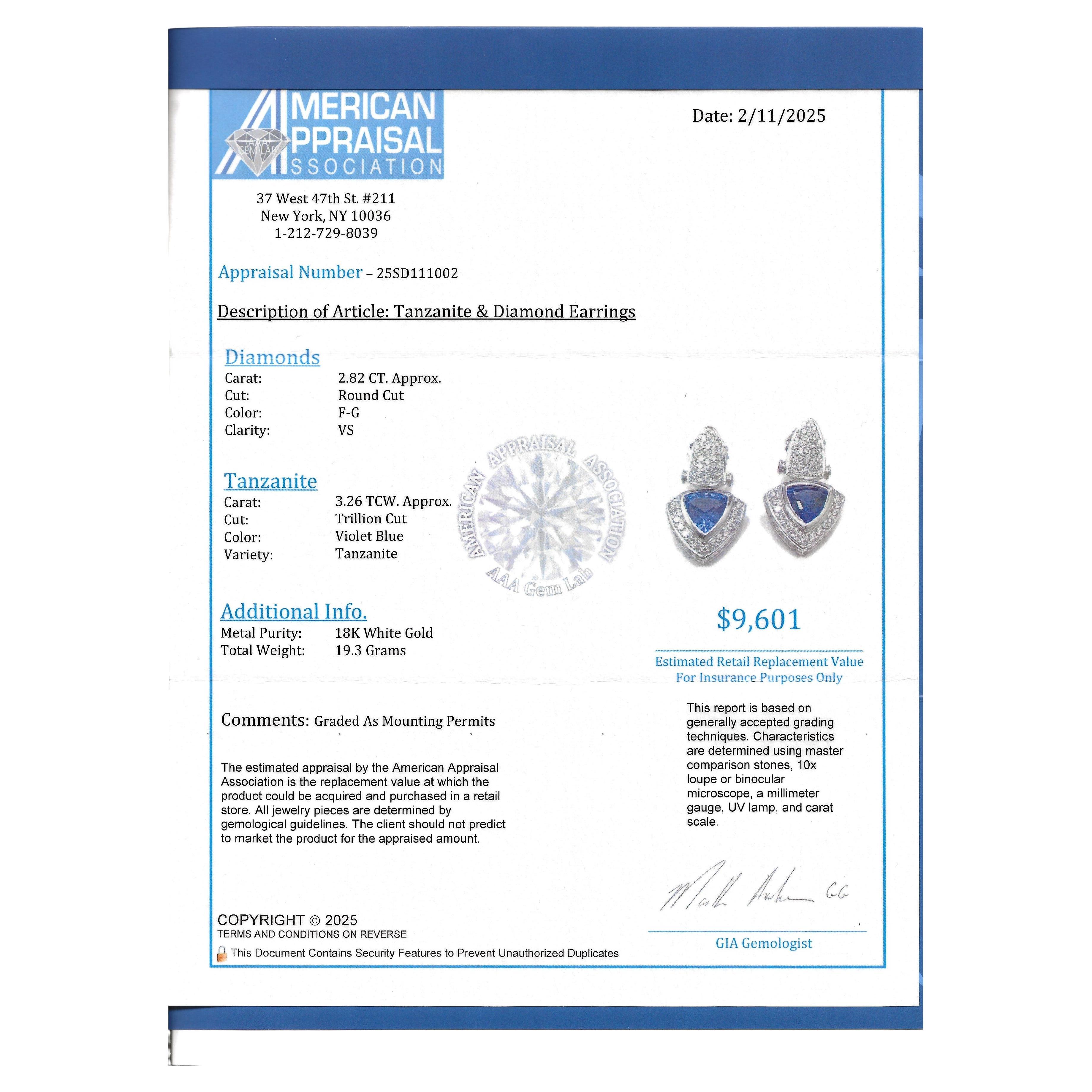 Trillion Cut Tanzanite and Pavé Diamond Drop Earrings in 18 Karat White Gold For Sale 3