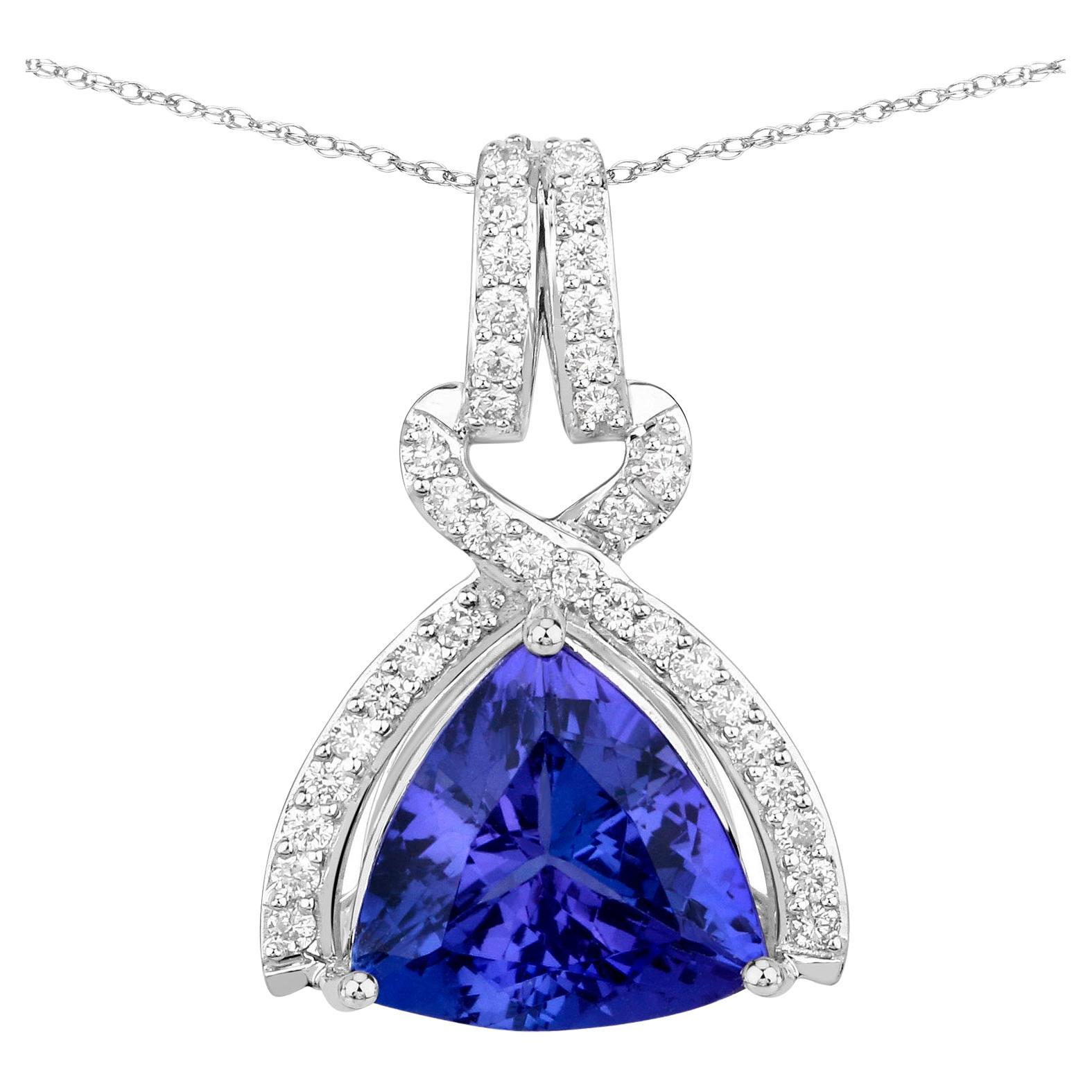 Trillion Cut Tanzanite Pendant Necklace Diamond Setting 2.55 Carats 14K Gold For Sale