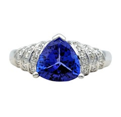 Trillion Cut Tanzanite Ring with Ridged Diamond Accents in 18 Karat White Gold