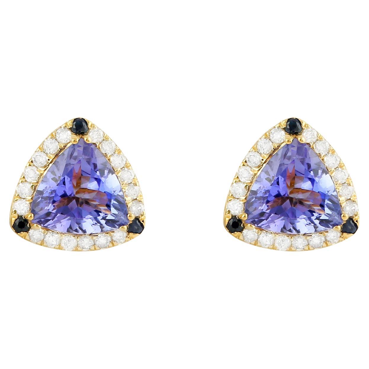 Trillion Cut Tanzanite Stud Earrings Blue Sapphires Diamonds 2.70 Carats 14K For Sale