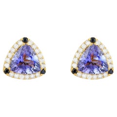 Trillion Cut Tanzanite Stud Earrings Blue Sapphires Diamonds 2.70 Carats 14K