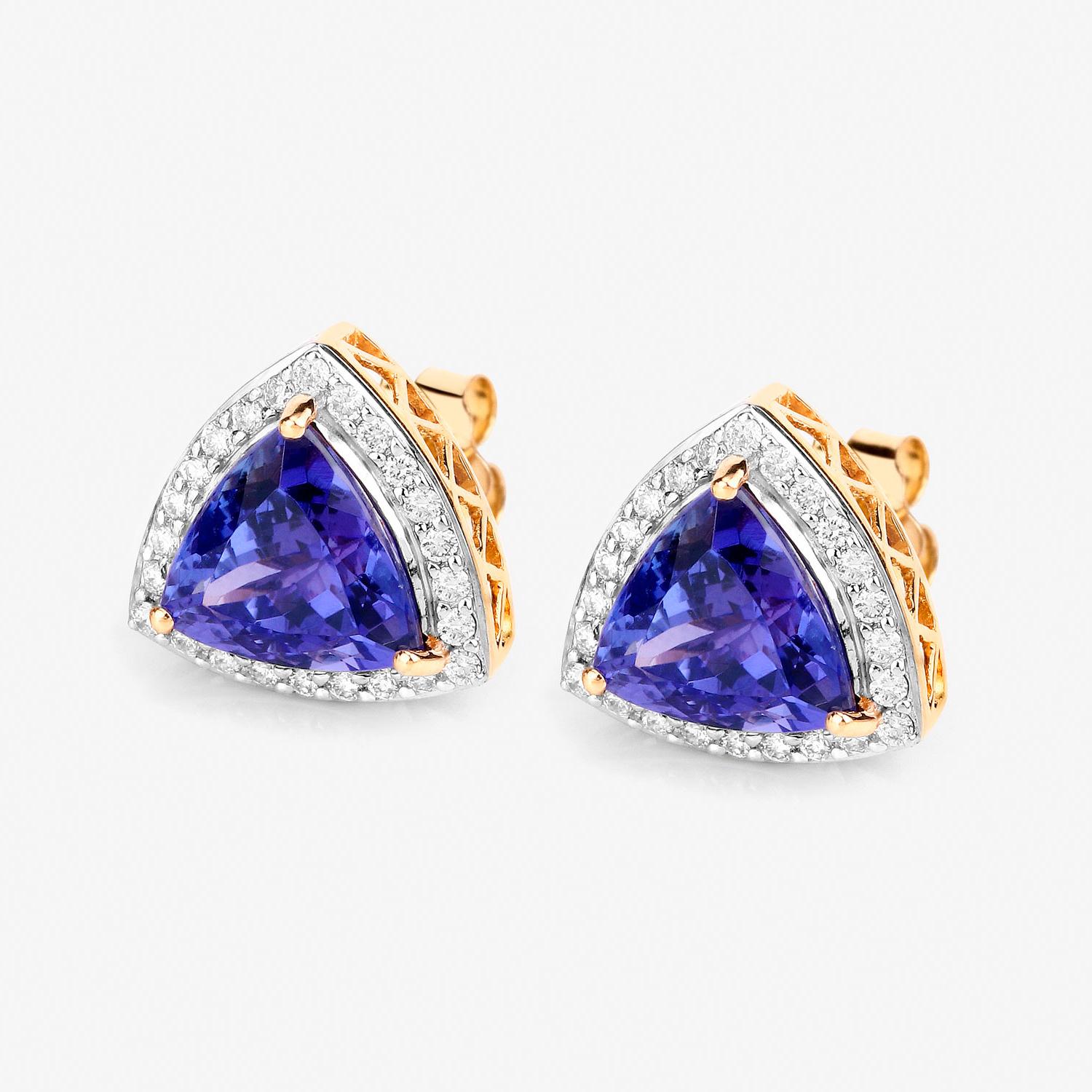 Trillion Cut Tanzanite Stud Earrings Diamond Halo 4.74 Carats 14K Gold In Excellent Condition For Sale In Laguna Niguel, CA