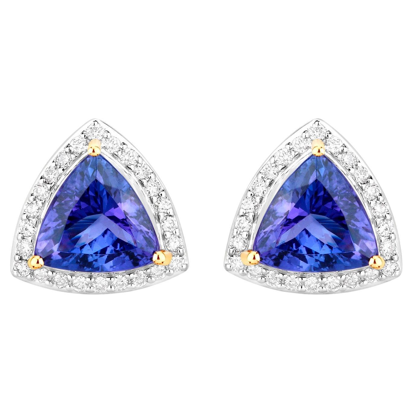 Trillion Cut Tanzanite Stud Earrings Diamond Halo 4.74 Carats 14K Gold For Sale
