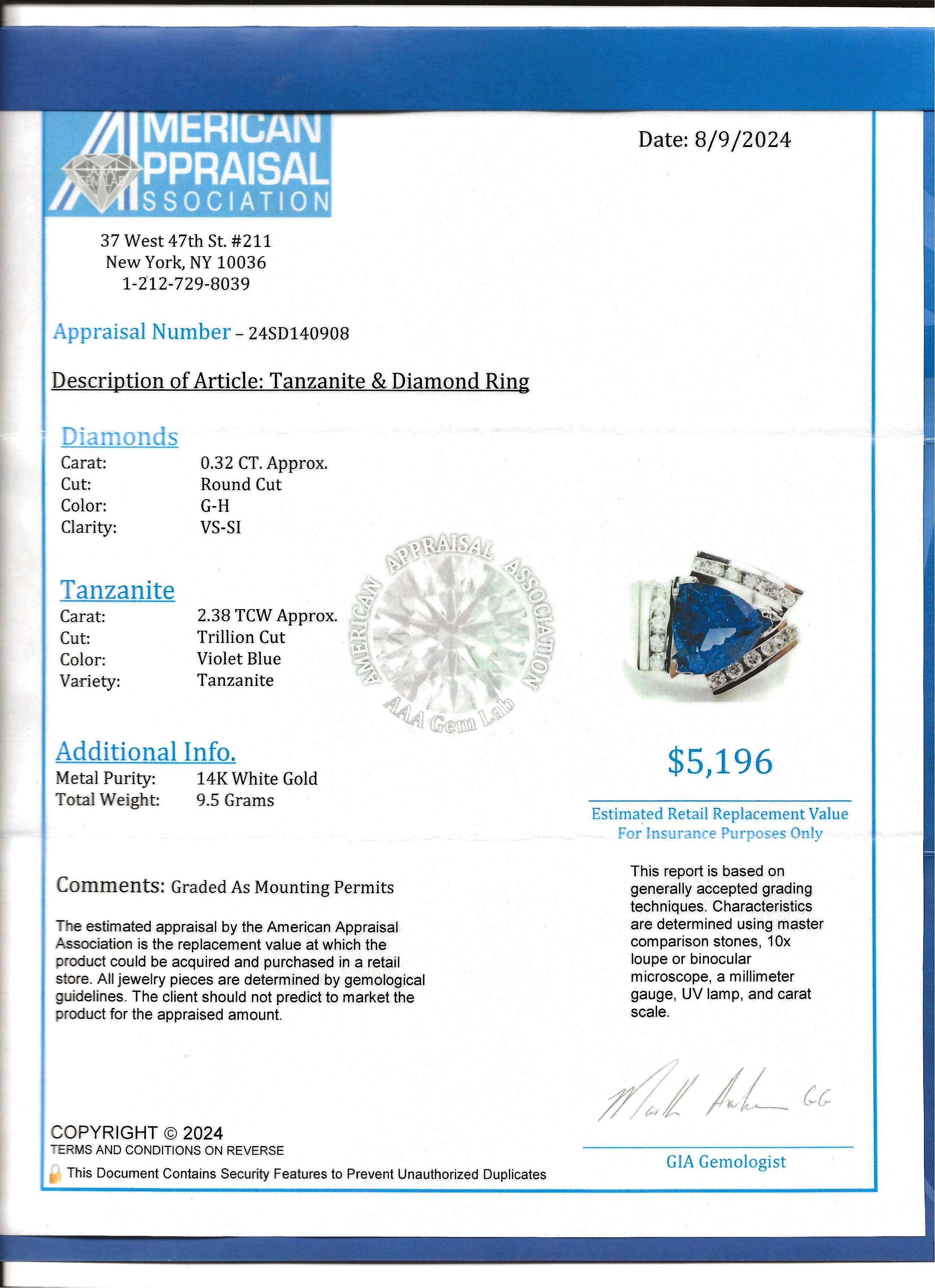 Contemporary Trillion Cut Tanzanite Cocktail Ring with Diamonds in 14 Karat Gold For Sale 9