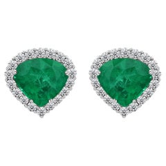 Trillion Cut Zambian Emerald Natural Diamond Earrings 18K White Gold