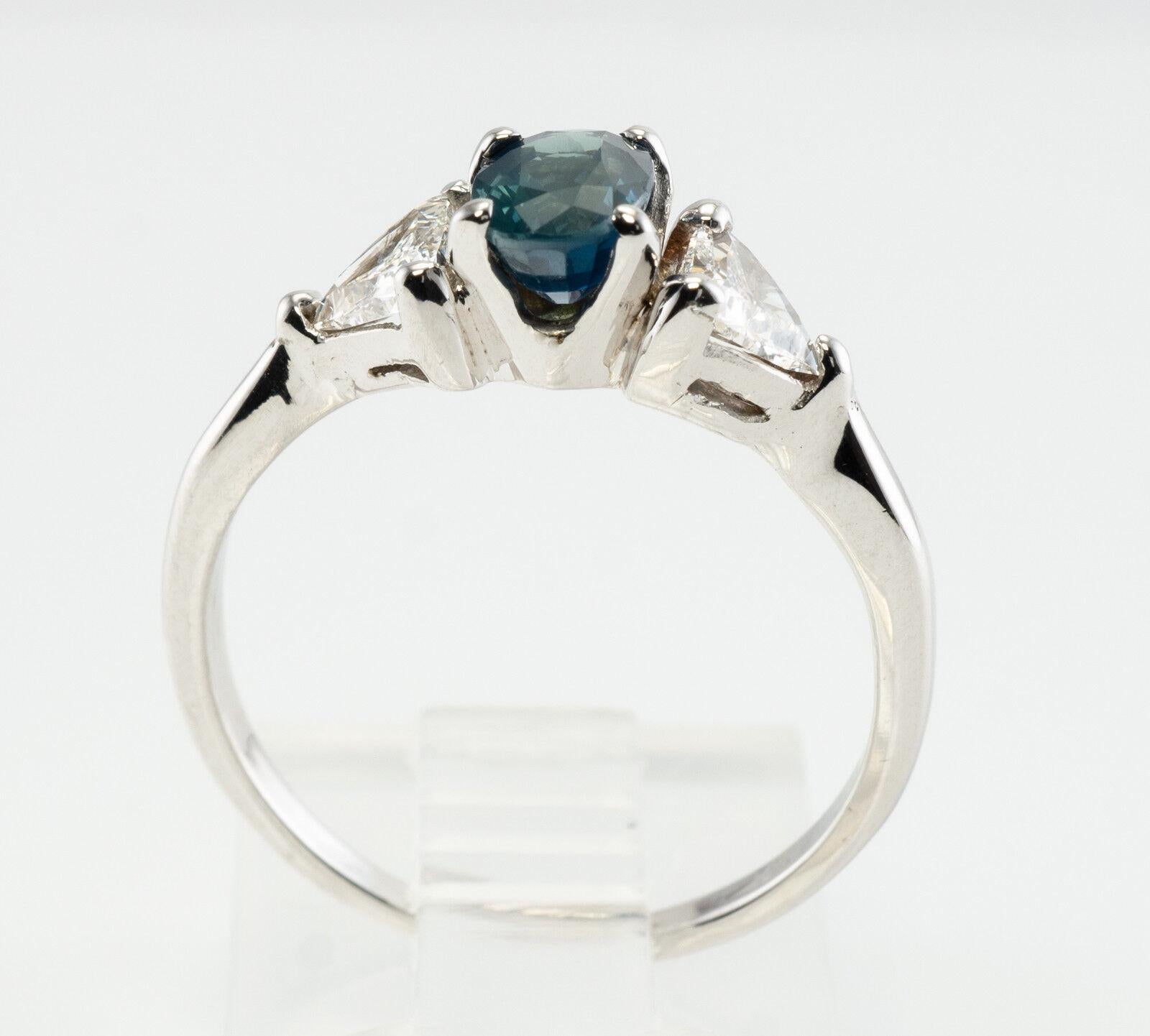 Trillion Diamond Sapphire Ring 14K White Gold Band For Sale 6