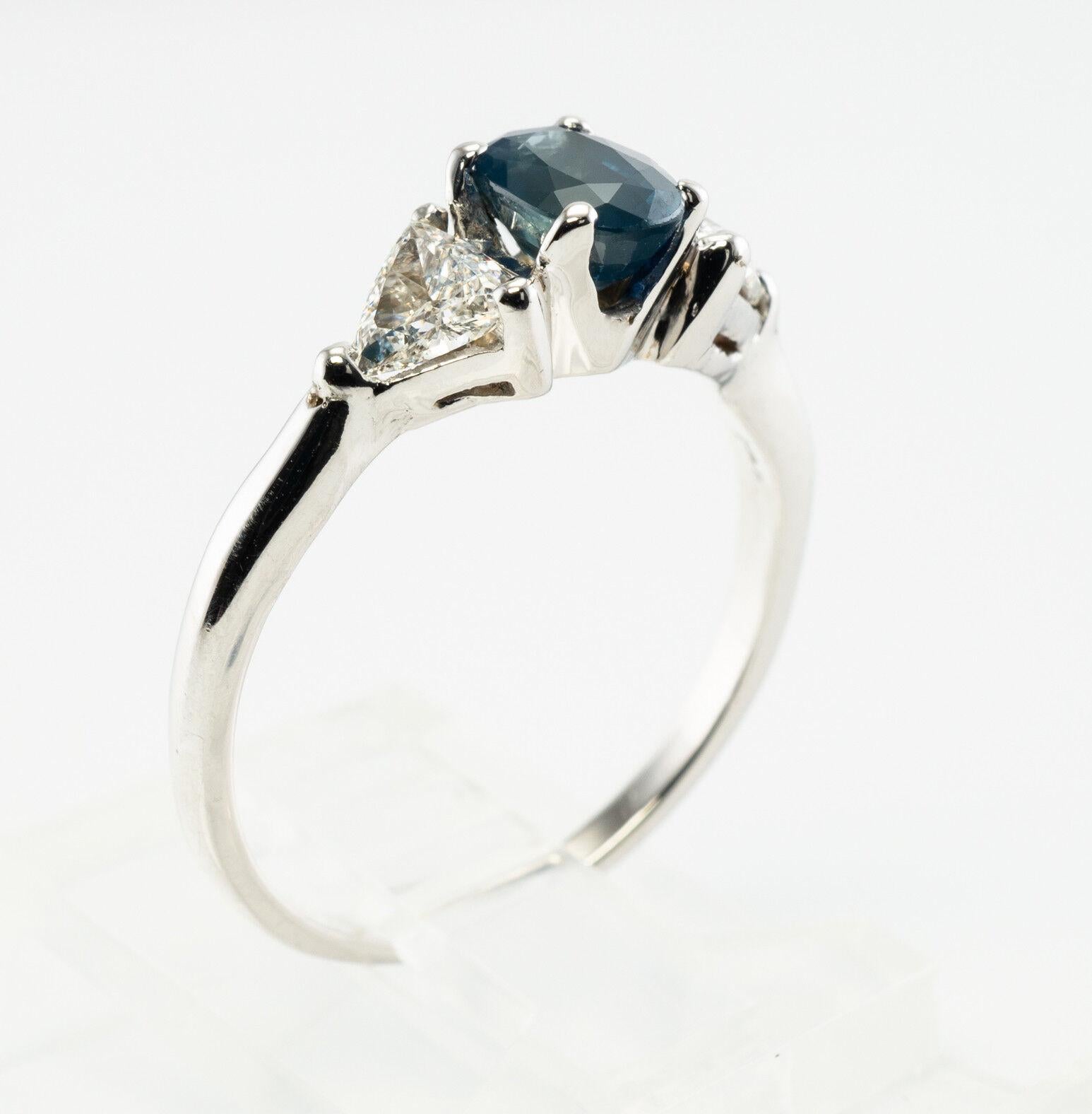 Trillion Diamond Sapphire Ring 14K White Gold Band For Sale 1