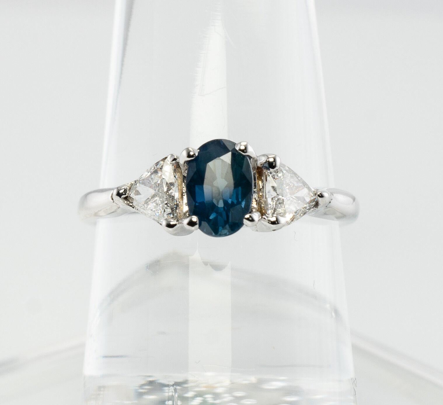 Trillion Diamond Sapphire Ring 14K White Gold Band For Sale 2