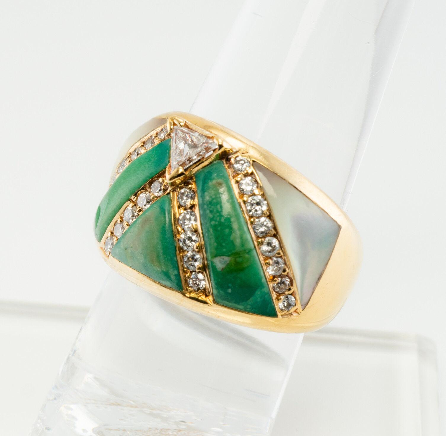 Trillion Diamond Turquoise Ring Mother of Pearl 18K Gold For Sale 4