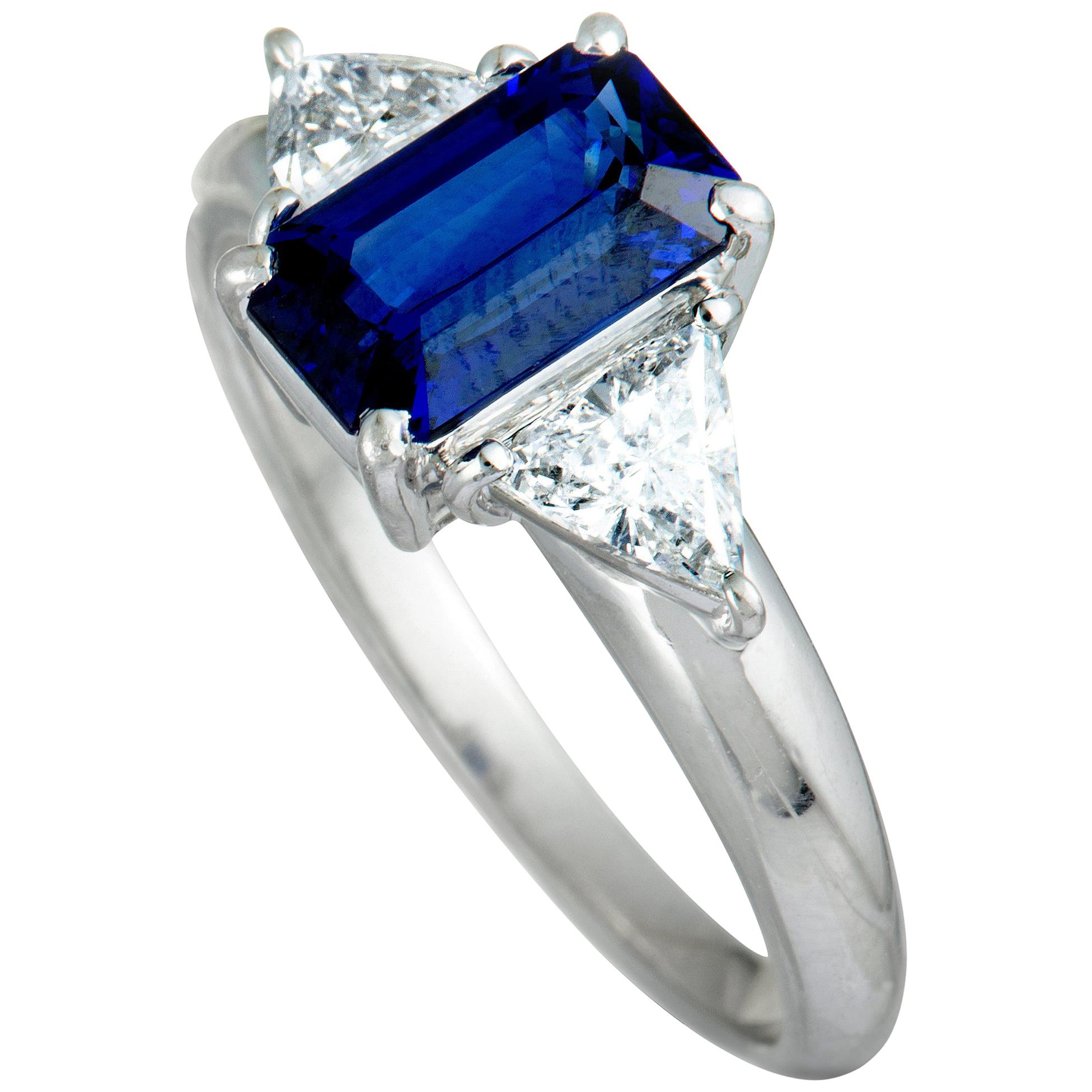 Trillion Diamonds and Rectangle Sapphire Platinum Ring
