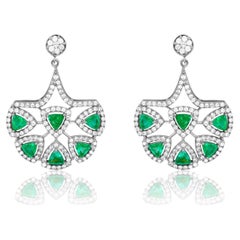 Trillion Emerald Drop Dangle Earrings Round Diamonds 14K White Gold