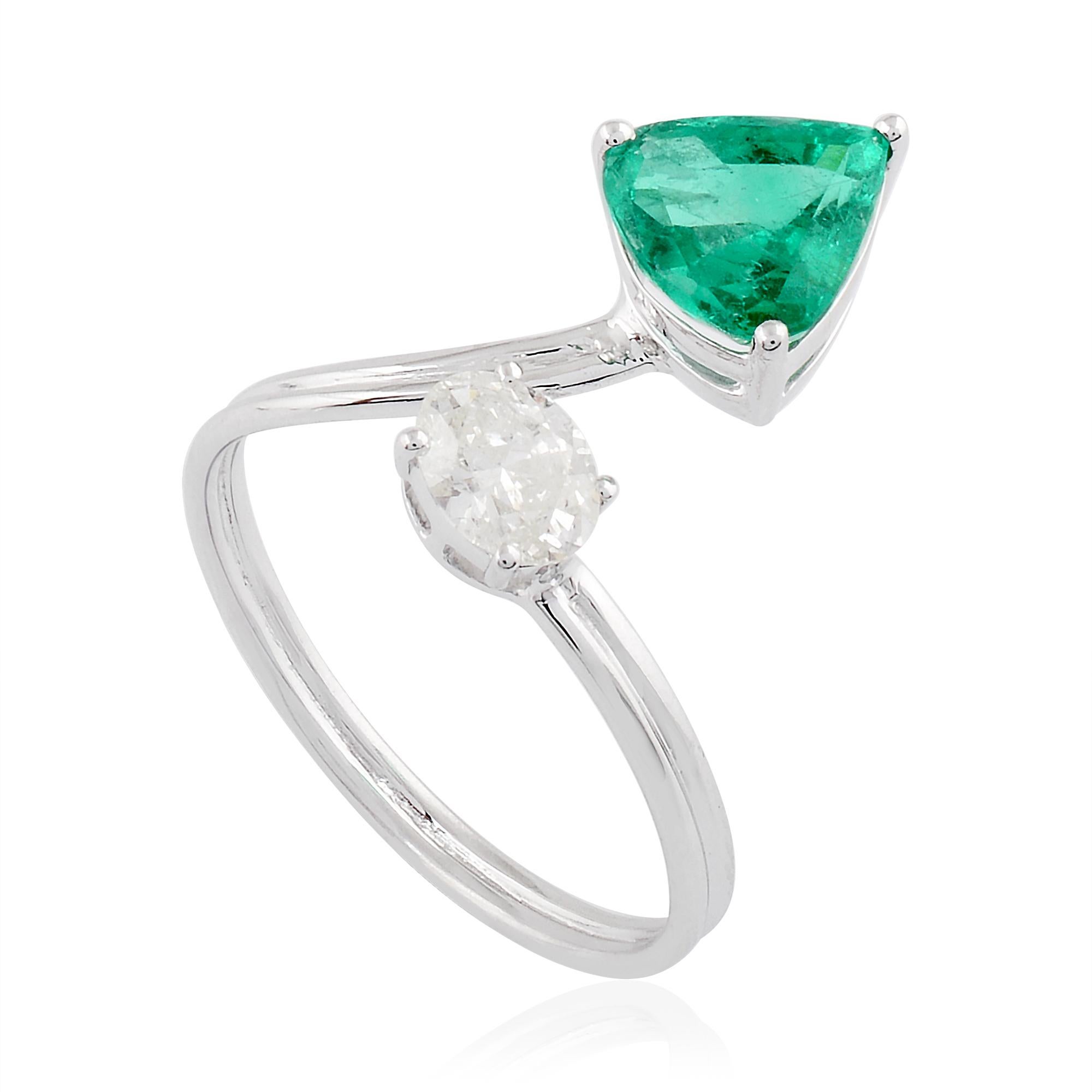 Trillion Cut Trillion Emerald Gemstone Cuff Ring Oval Diamond 14k White Gold Fine Jewelry For Sale