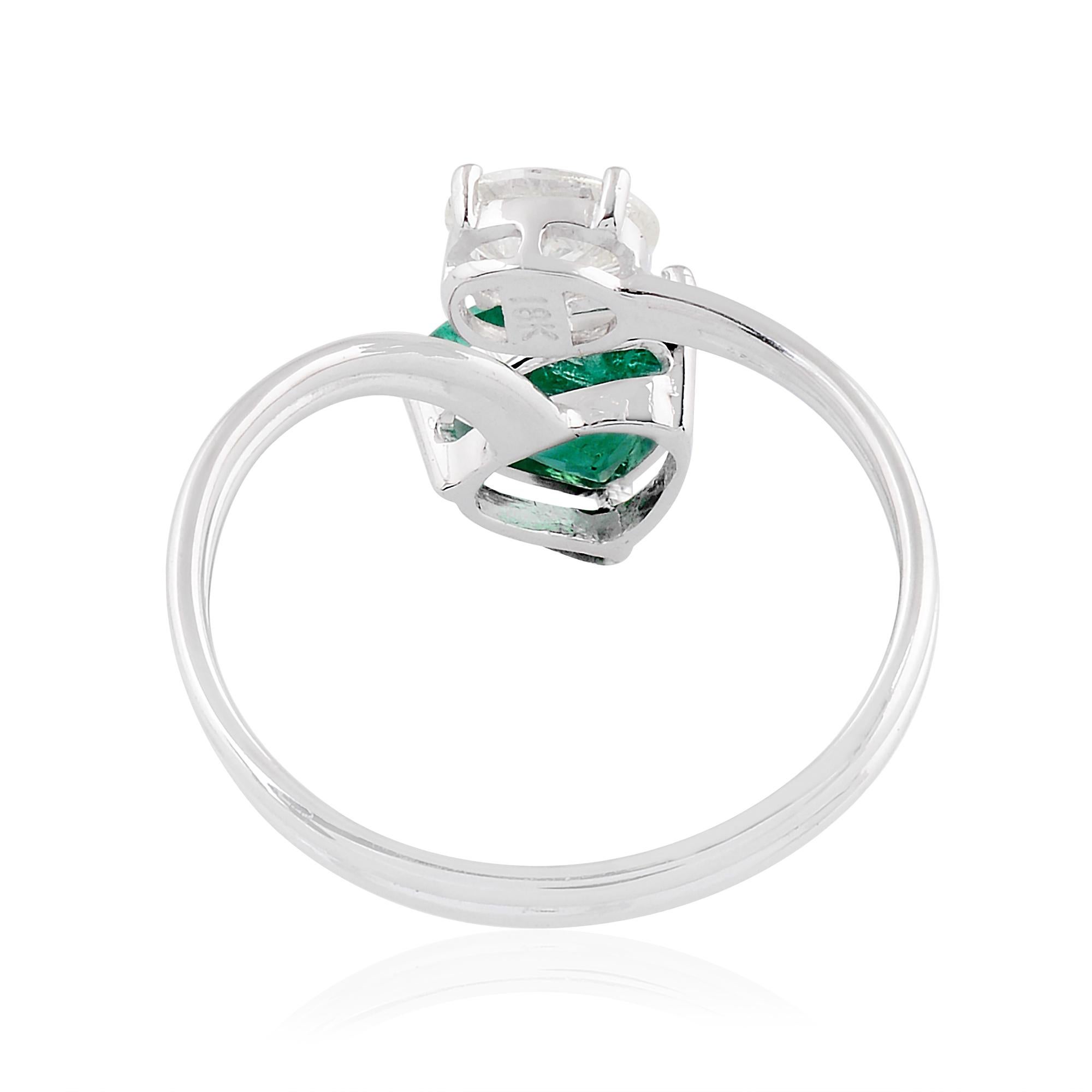 Women's Trillion Emerald Gemstone Cuff Ring Oval Diamond 14k White Gold Fine Jewelry For Sale