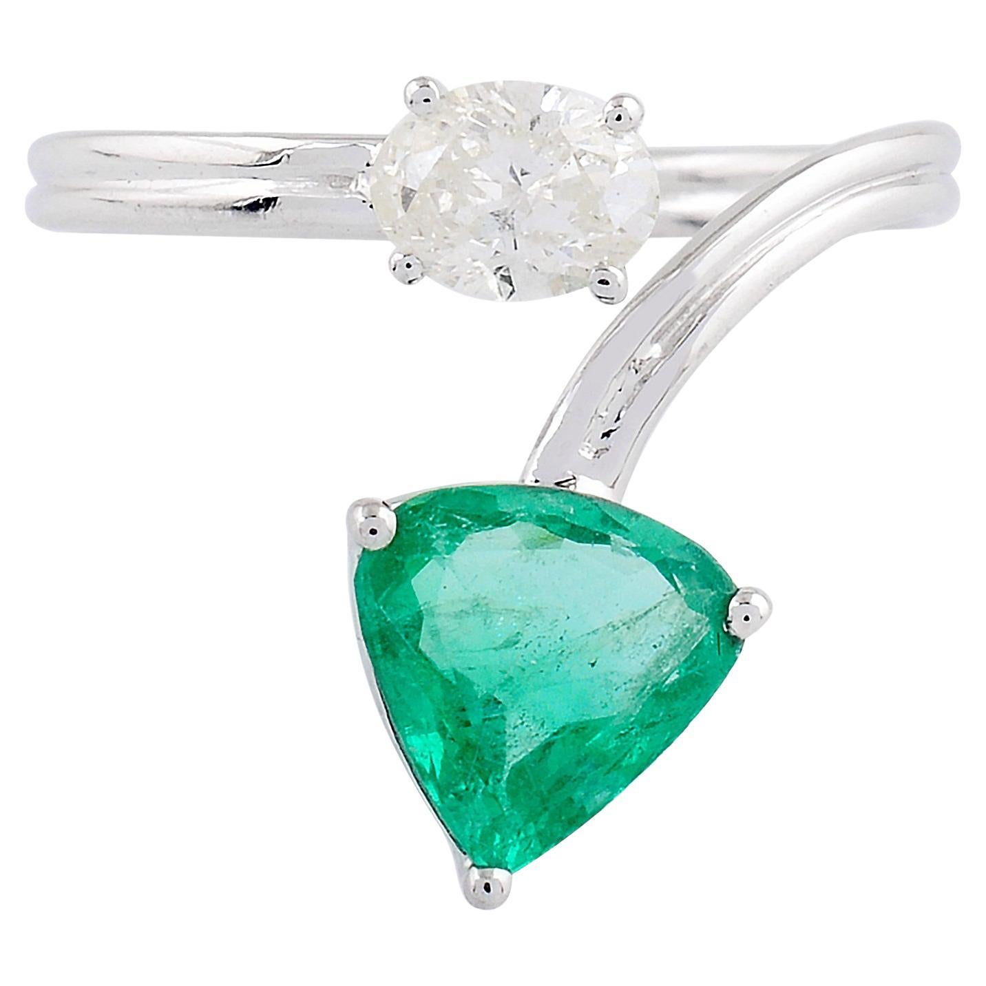 Trillion Emerald Gemstone Cuff Ring Oval Diamond 14k White Gold Fine Jewelry