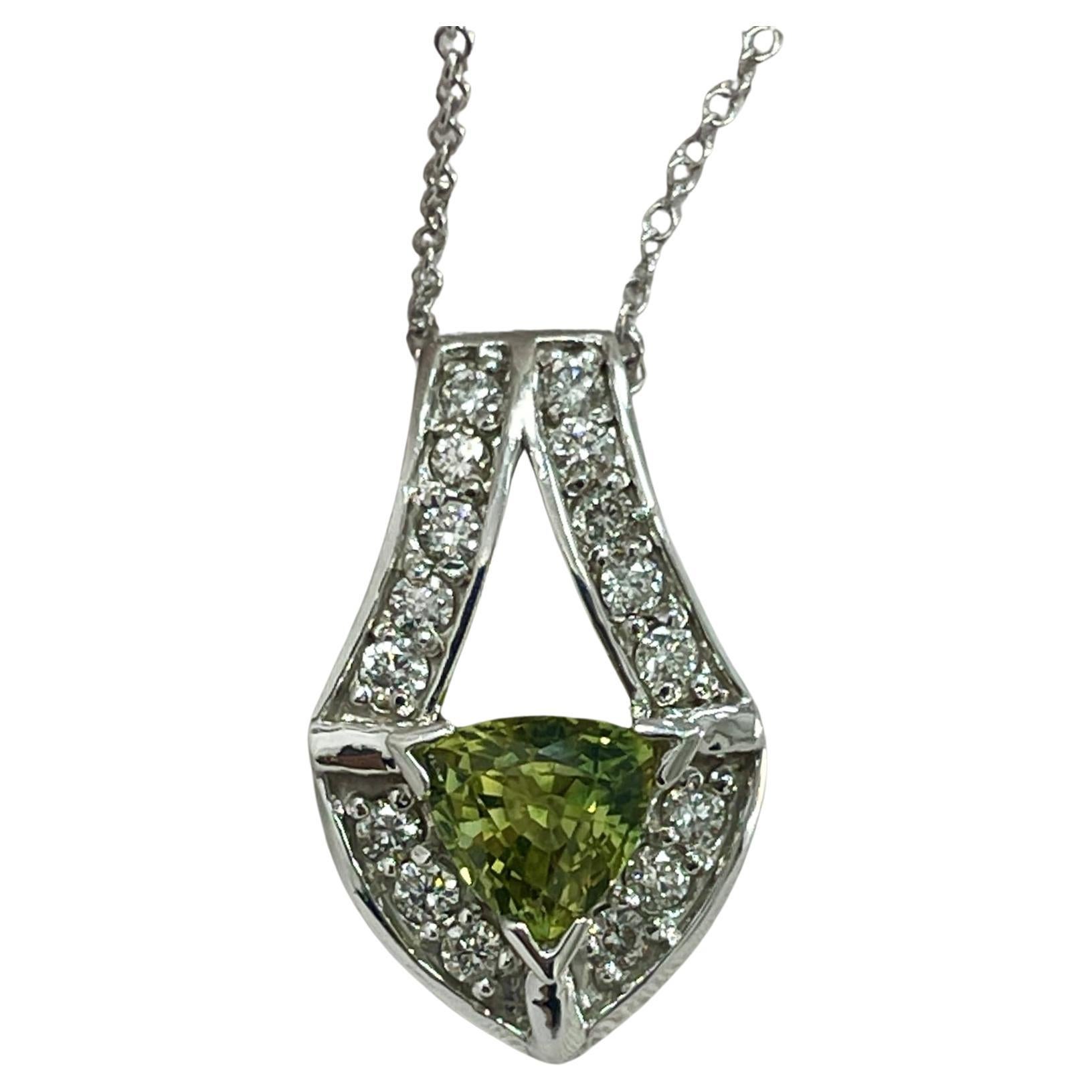 Trillion Green Sapphire and Diamond White Gold Pendant For Sale