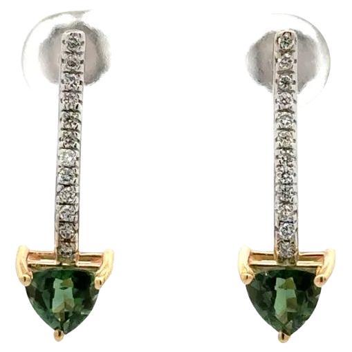 Trillion Green Tourmaline and Diamond 2-Tone Gold Drop Earrings