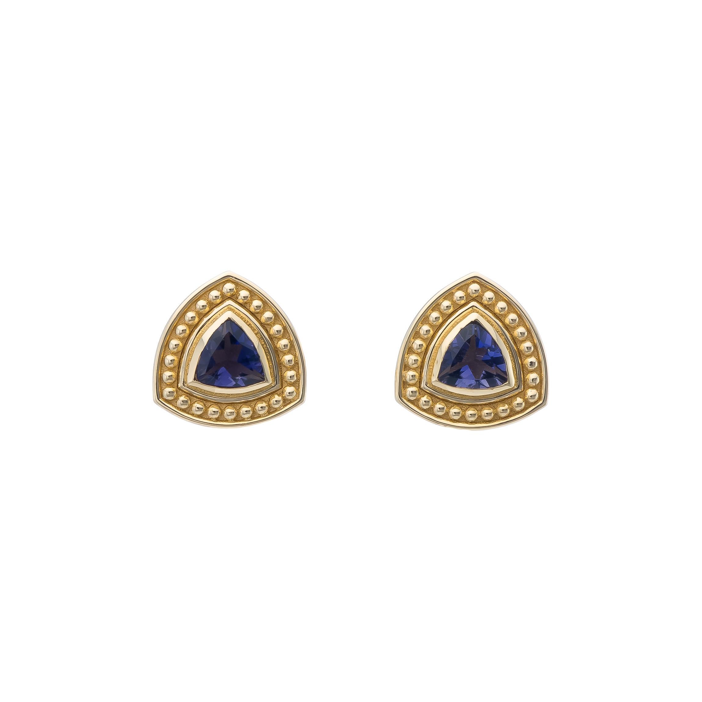 Trillion Iolite Byzantine Gold Earrings In New Condition For Sale In Athens, GR