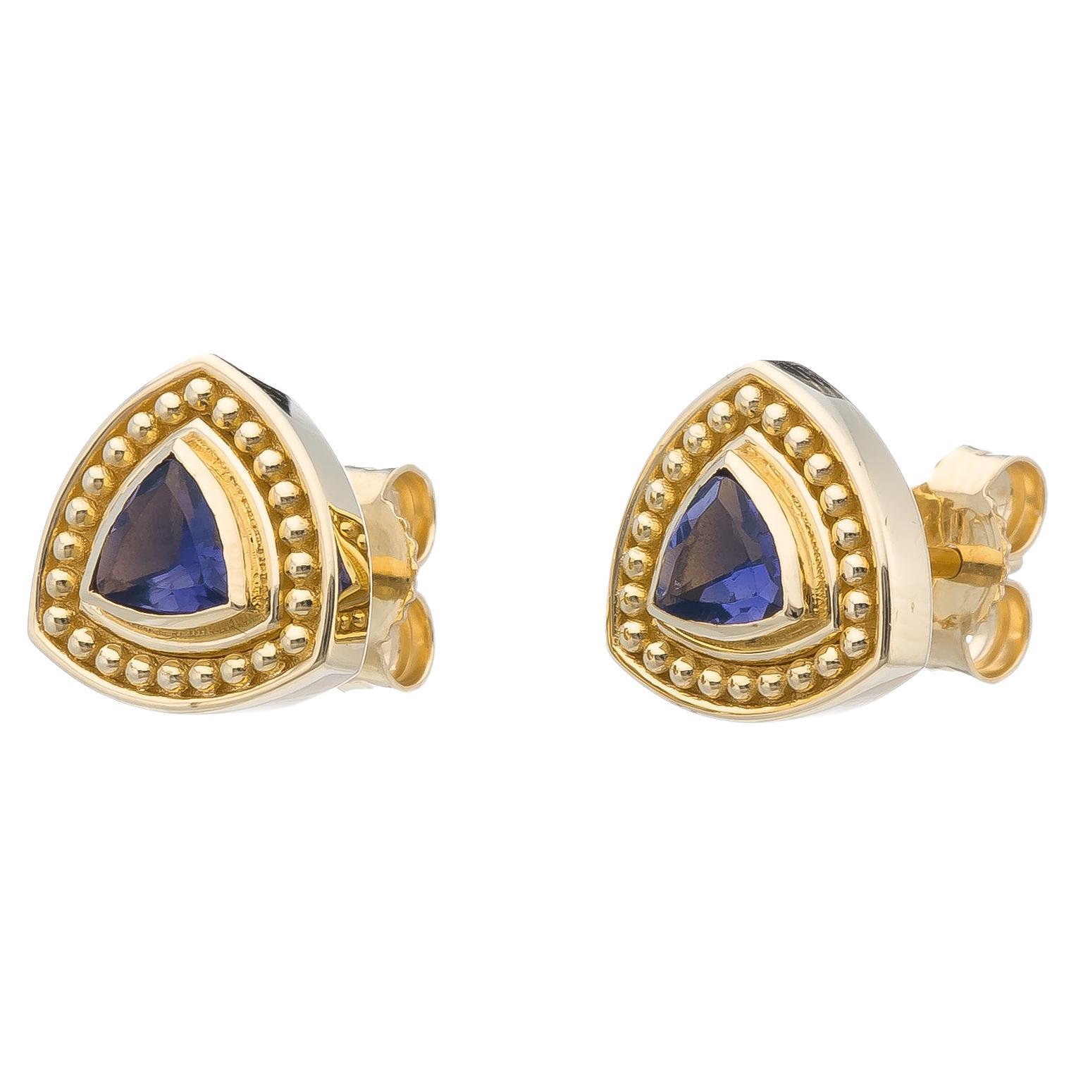 Trillion Iolite Byzantine Gold Earrings For Sale