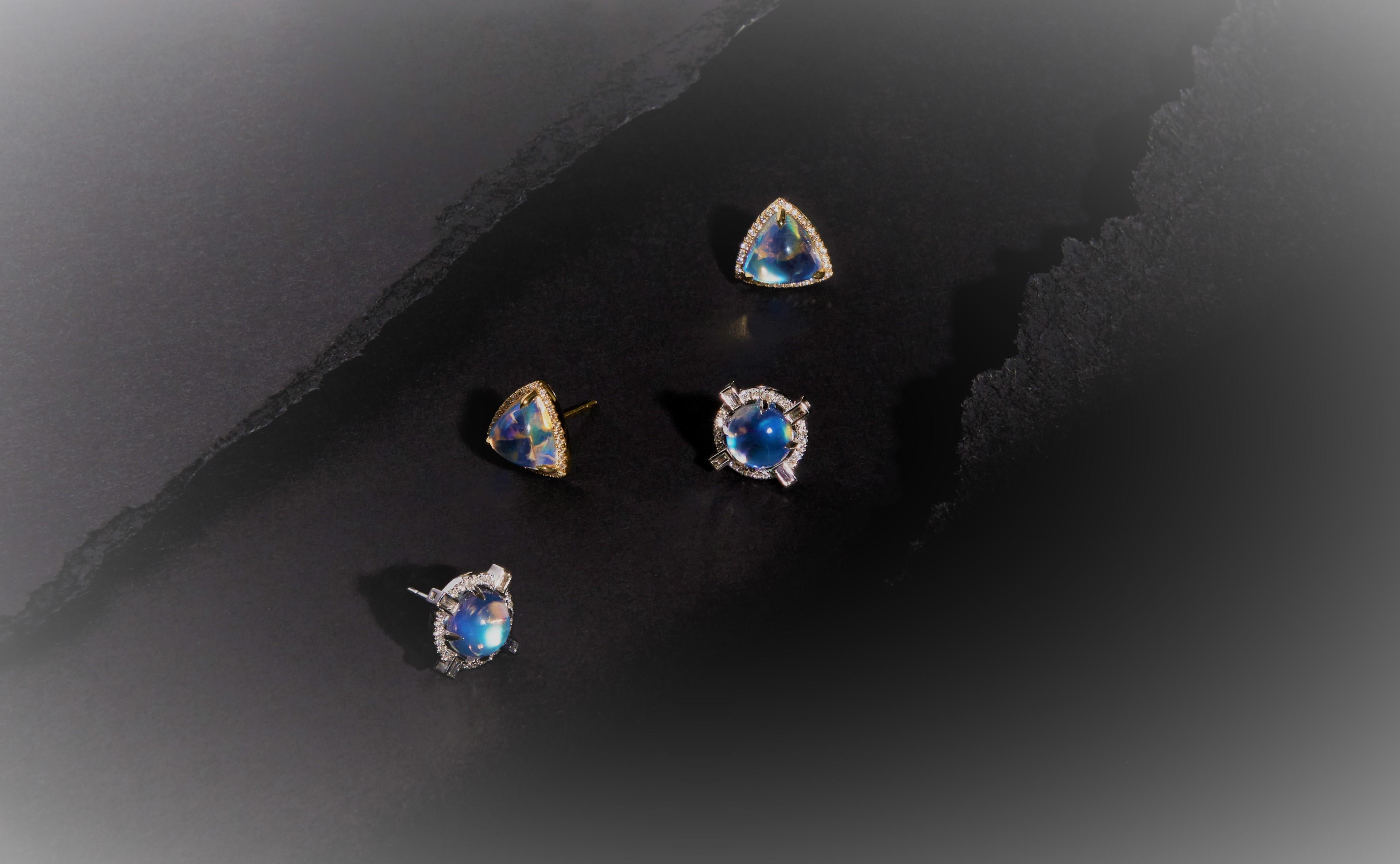 Trillion Moonstone and Diamond Stud Earrings In New Condition For Sale In Houston, TX
