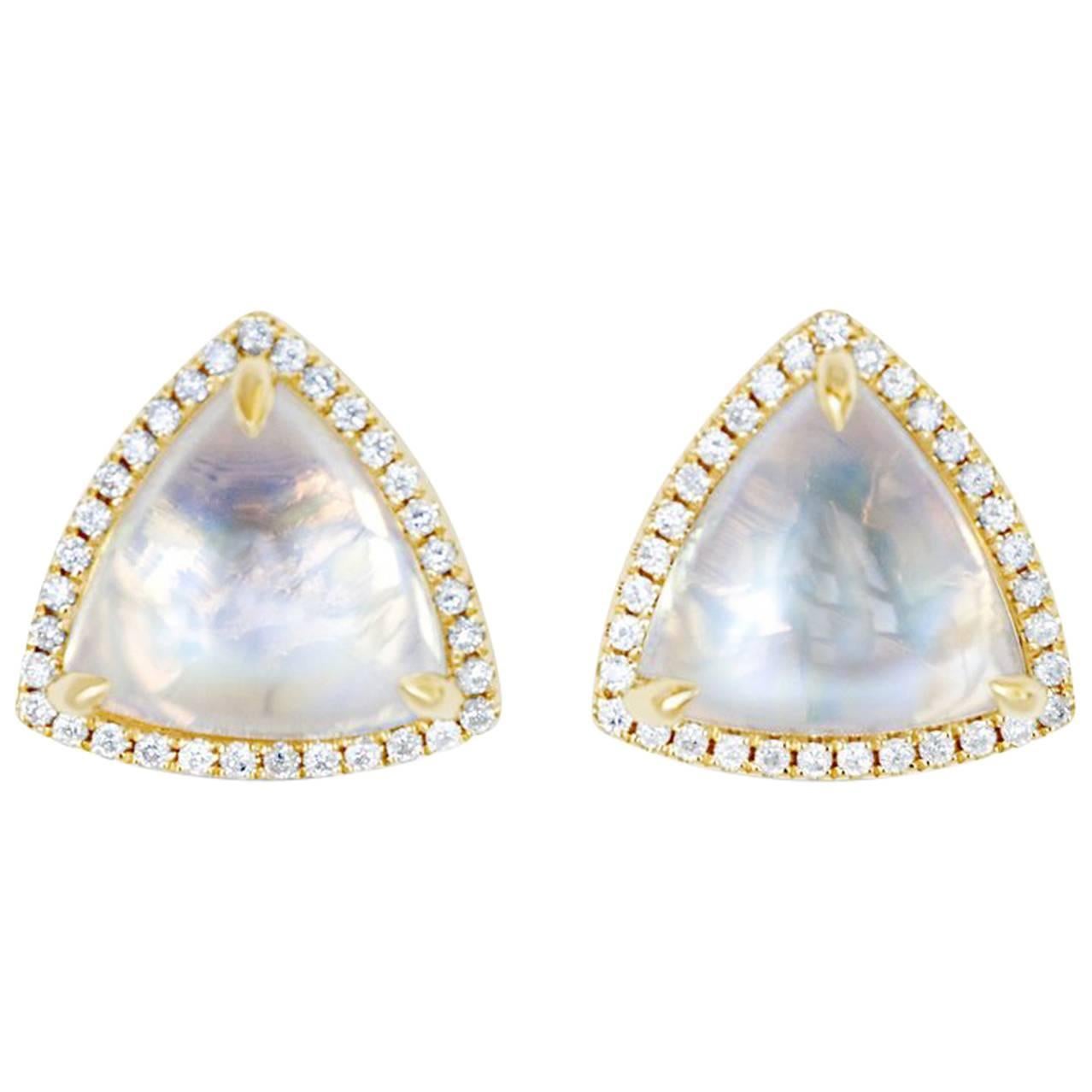 Trillion Moonstone and Diamond Stud Earrings For Sale