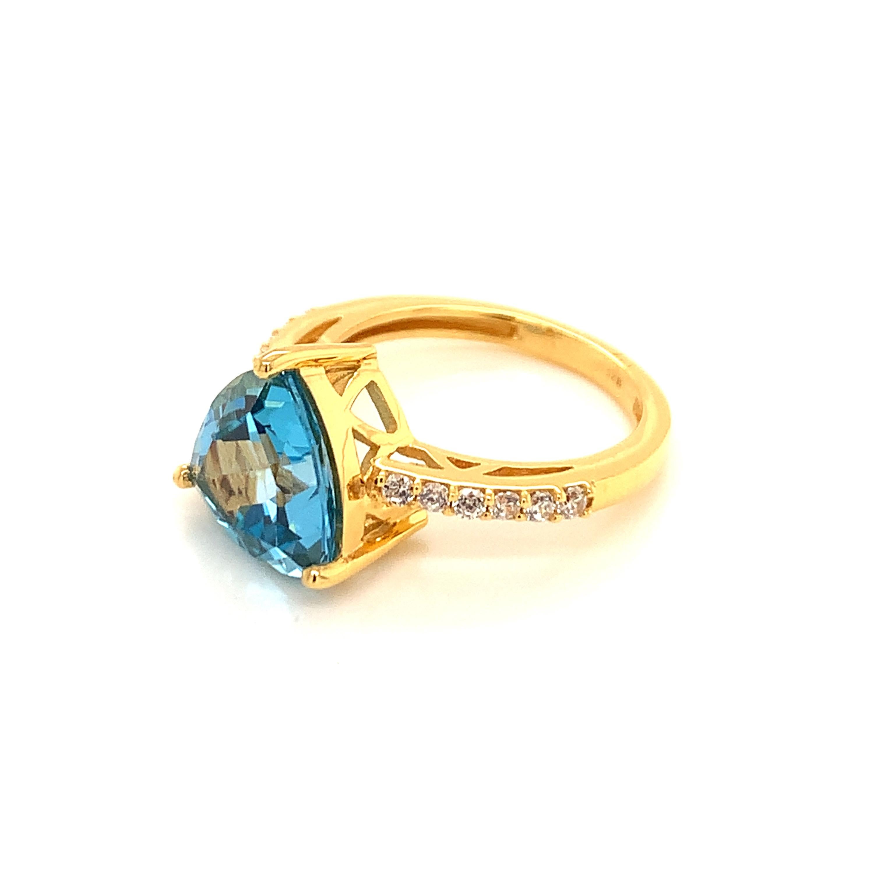 Trillion Cut Trillion  Natural Swiss Blue Topaz And CZ Yellow Gold Over Sterling Silver Ring For Sale