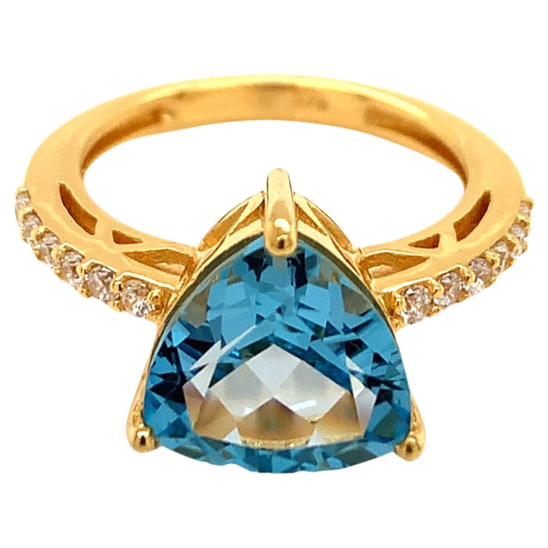 Trillion  Natural Swiss Blue Topaz And CZ Yellow Gold Over Sterling Silver Ring For Sale