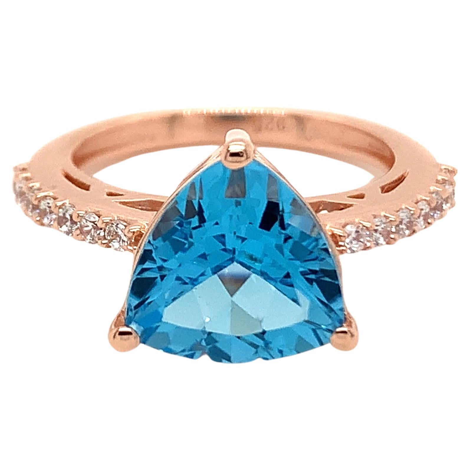 Trillion Natural Swiss Blue Topaz And CZ Rose Gold over Sterling Silver Ring
