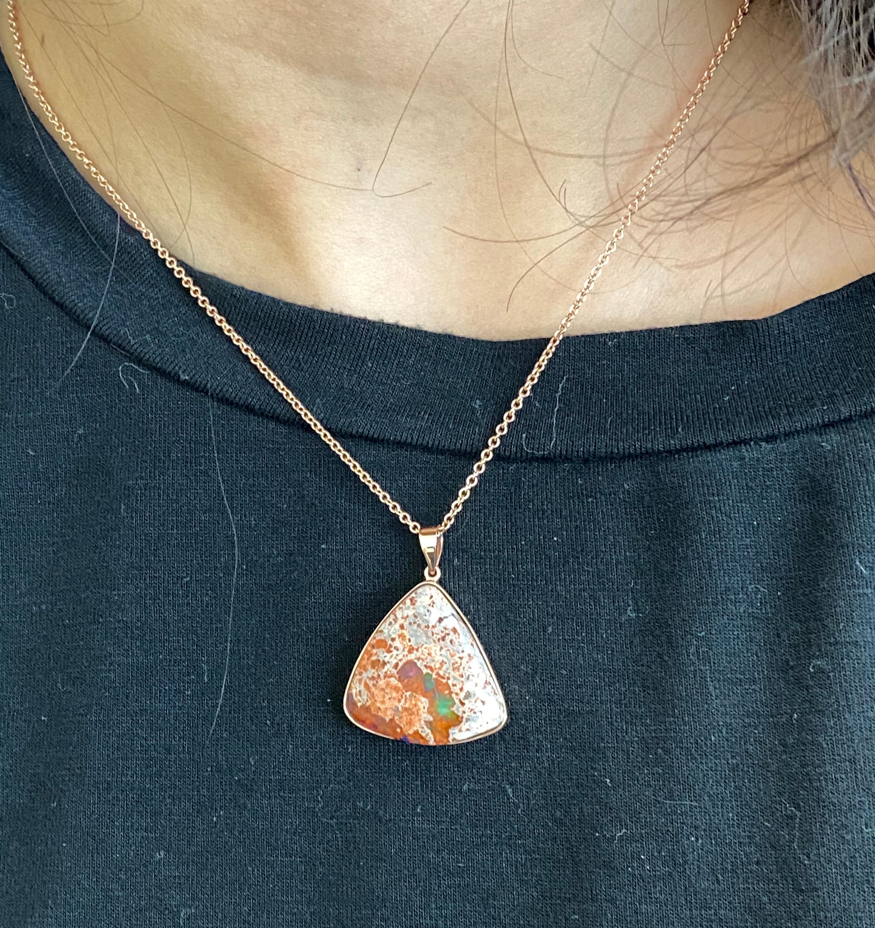 Trillion Orange Jelly Opal fashion Pendant On Chain 14K Rose Gold (Trillionschliff)