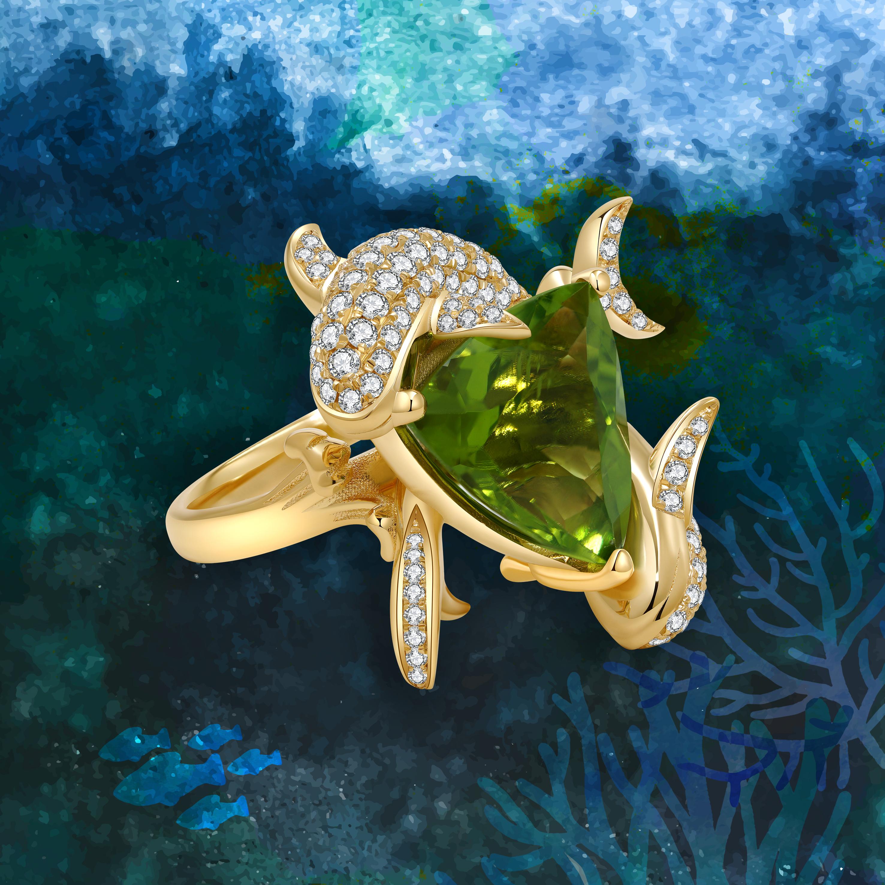 For Sale:  Trillion Peridot and Diamond Cocktail Ring 4