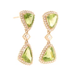 Trillion Peridot and Diamond Drop Earrings in 14 Karat Yellow Gold
