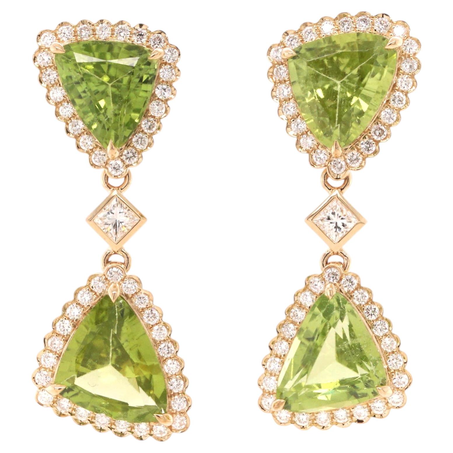 Trillion Peridot and Diamond Drop Earrings in 14 Karat Yellow Gold
