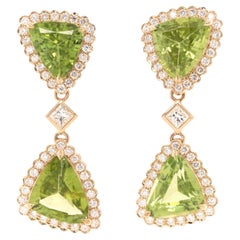 Trillion Peridot and Diamond Drop Earrings in 14 Karat Yellow Gold