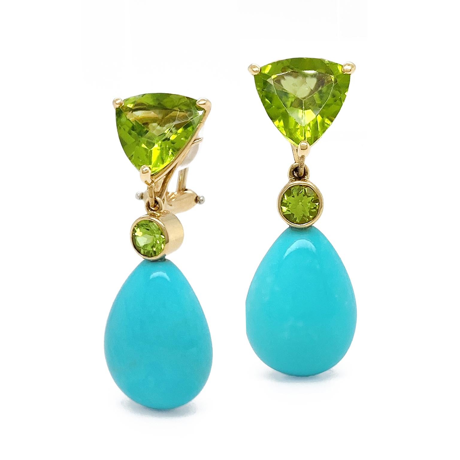 The cool hue of turquoise complements lucid shades of green in peridot for these drop earrings. A flickering glow from a trilliant cut peridot begins the design, followed by a round cut bezel set beneath. Each cut features the striking green