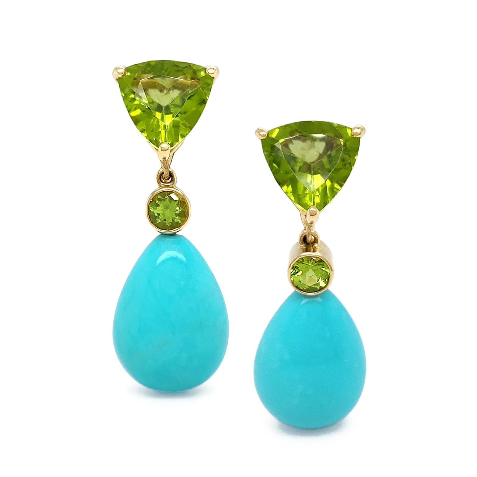 Trillion Cut Trillion Peridot and Turquoise Drop 18K Yellow Gold Earrings For Sale