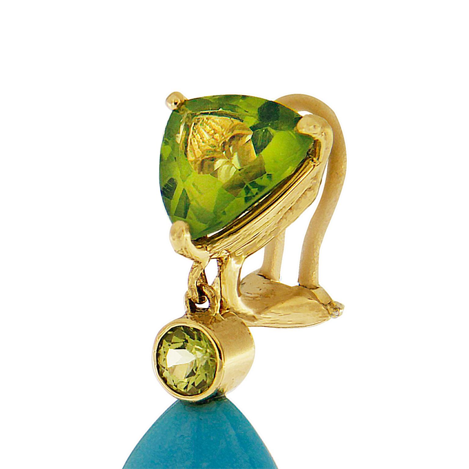 Women's Trillion Peridot and Turquoise Drop 18K Yellow Gold Earrings For Sale
