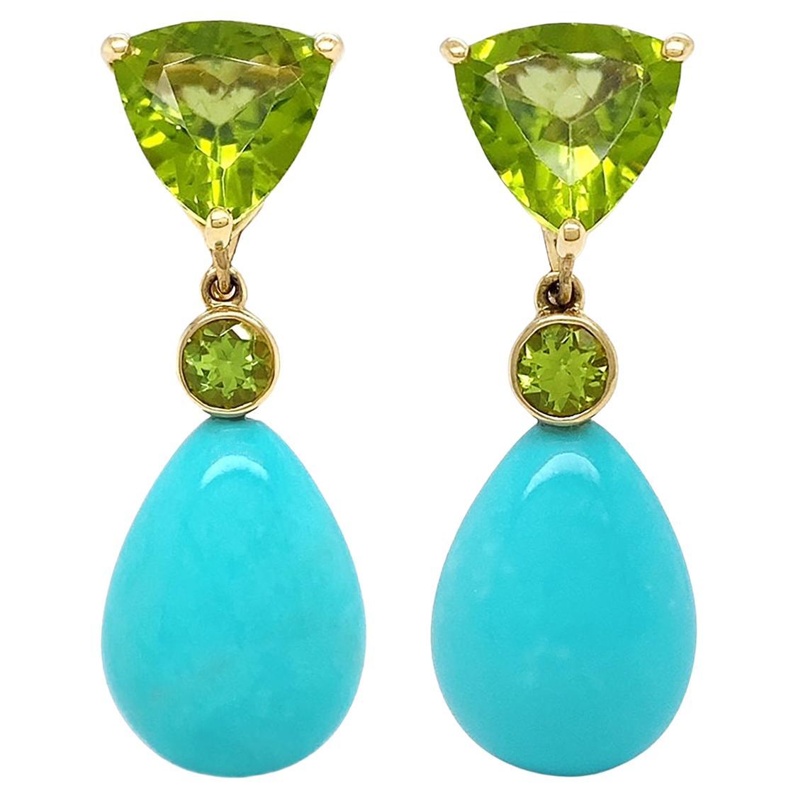 Trillion Peridot and Turquoise Drop 18K Yellow Gold Earrings For Sale