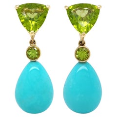 Boucles d'oreilles pendantes en or jaune 18K avec péridot de Trillion et turquoise