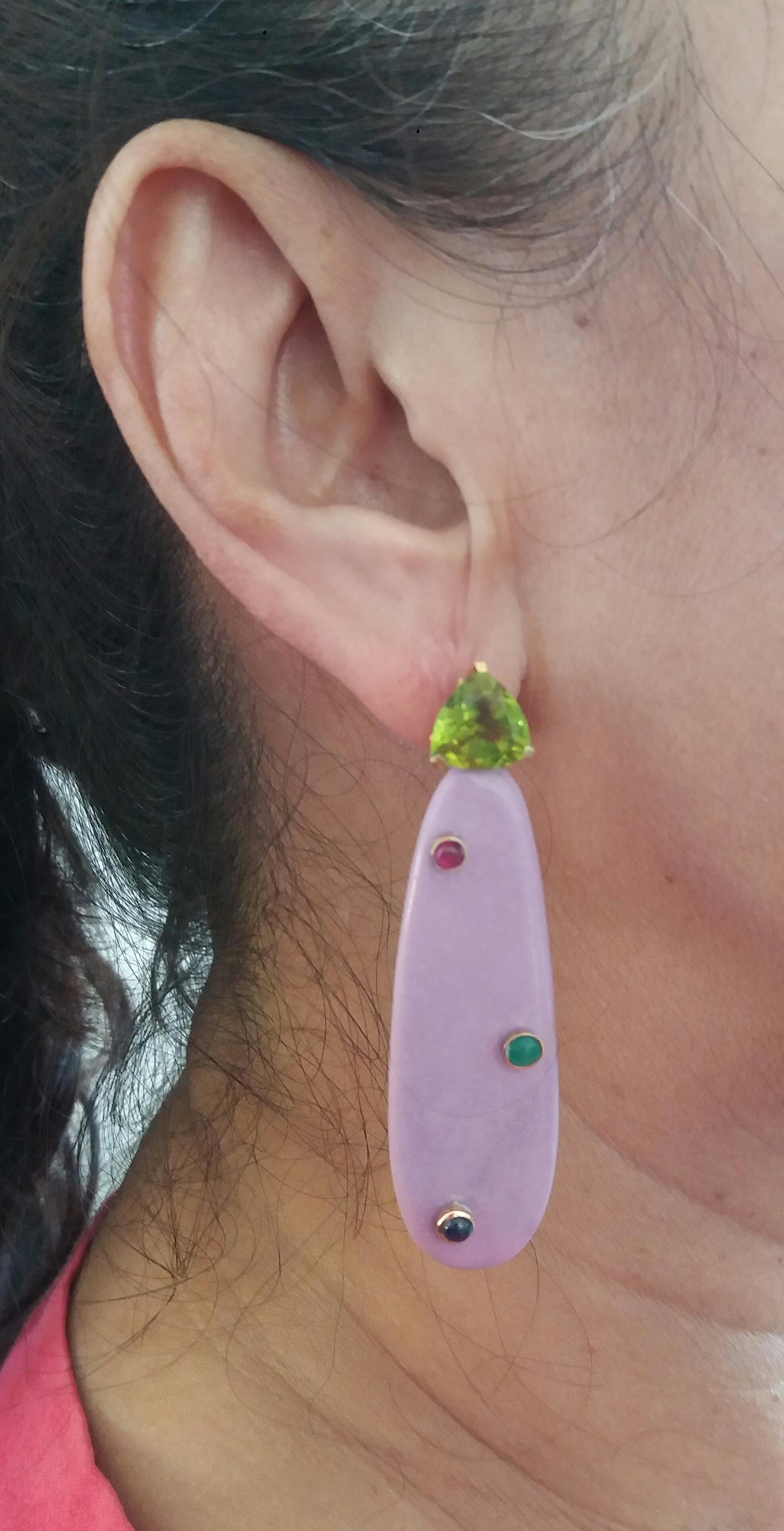 Trillion Peridot Ruby Emerald Blue Sapphire Gold Phosphosiderite Drop Earrings For Sale 4